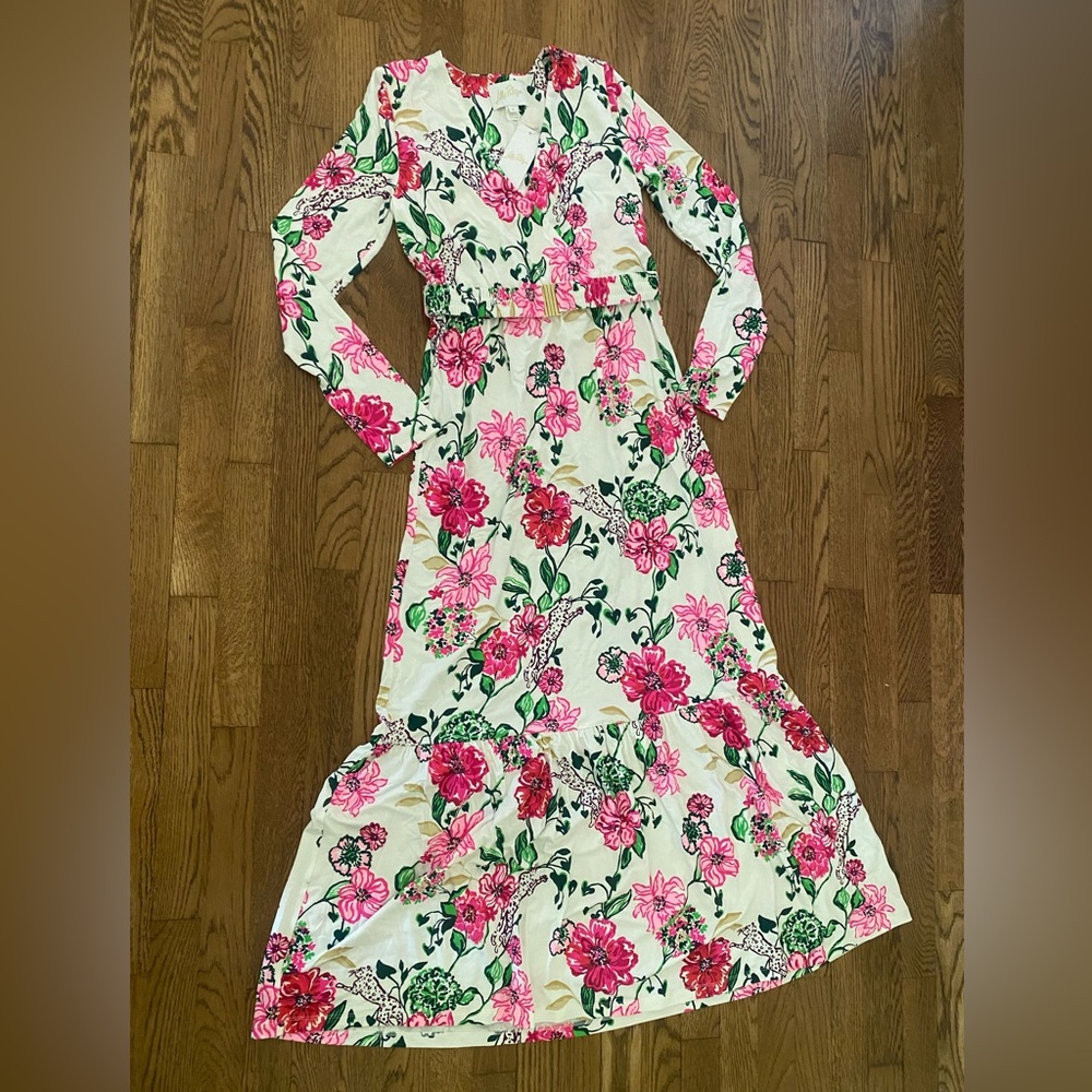 Lilly Pulitzer Pink and Green V-Neck Sundress with Long Sleeves
